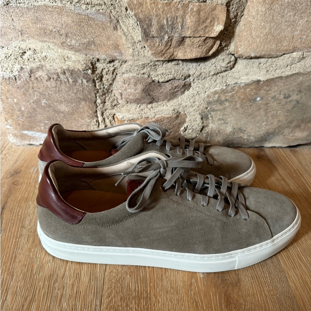 Good Man Brand Taupe Suede Sneakers with Brown Heel Accent - Picture 2 of 7